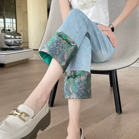 新中式国风刺绣牛仔裤女2025夏季薄款高腰小个子八九分直筒烟管裤商品大图