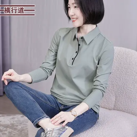 纯色长袖POLO领职业装工装定制女装上衣服翻领T恤打底衫春装简约图片