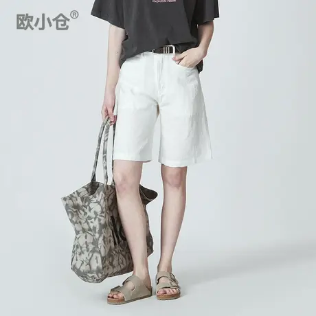 欧小仓 冷萃系列 夏日松弛感穿搭白色亚麻短裤  五分裤女夏天裤子图片