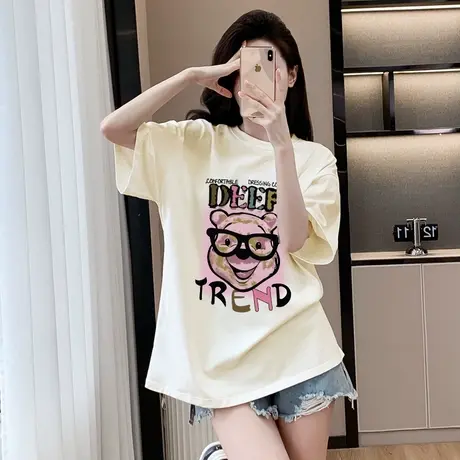 卡通印花短袖夏季中长款大码港风T恤女复古圆领正肩半袖体恤上衣商品大图