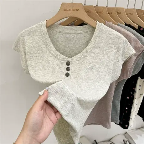小个子短款U领正肩短袖T恤女夏季修身韩版设计感小众飞飞袖上衣潮商品大图
