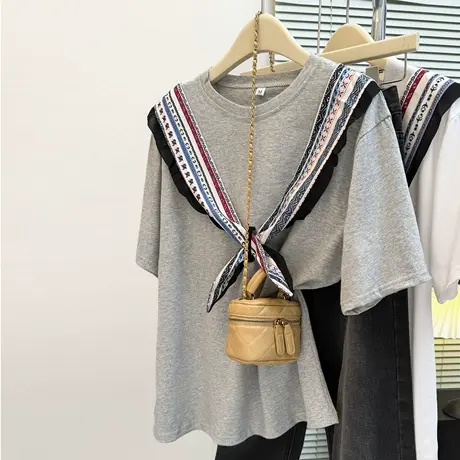 韩系高级感披肩假两件短袖T恤女夏季宽松韩版chic甜辣半袖上衣潮商品大图