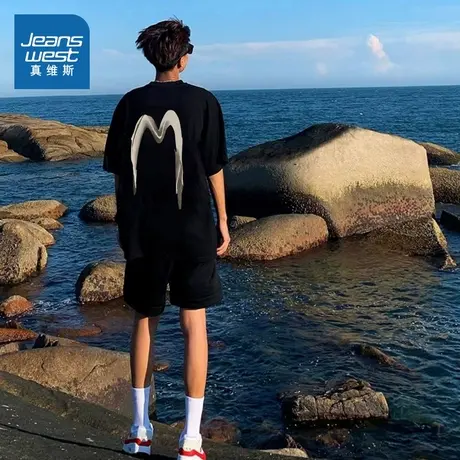 G2真维斯男装2025春新款潮流美式高街重磅纯棉圆领宽松短袖t恤衫图片