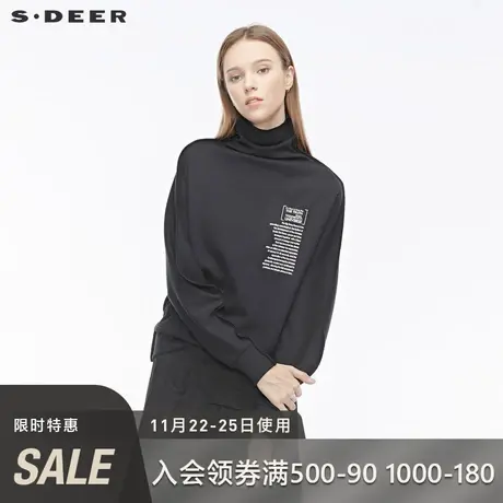 sdeer圣迪奥女装冬装休闲高领撞色字母罗纹斜摆黑色卫衣S19480215🤓商品大图