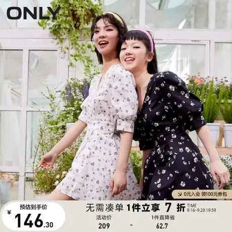 ONLY奥莱夏季系带收腰印花泡泡袖V领短款连衣裙女商品大图