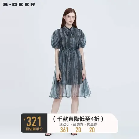 sdeer圣迪奥中国风连衣裙翻领水墨晕染收腰泡泡袖衬衫裙S222Z124K💊商品大图