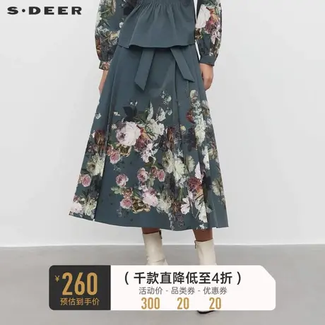 sdeer圣迪奥女装复古休闲系带印花百褶A字伞裙S233Z1132商品大图