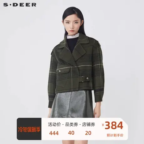 sdeer圣迪奥女装时尚翻领撞色格纹毛呢短款外套S21462207🧕商品大图