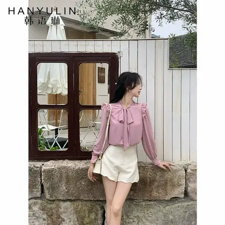 韩语琳 6/18 温柔风系带长袖衬衫女夏法式气质通勤蝴蝶结垂感上衣商品大图
