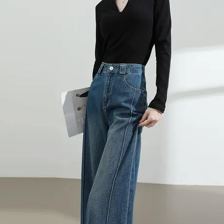 挽边牛仔裤女夏季薄款高腰宽松显瘦垂坠感百搭复古深蓝直筒阔腿裤图片