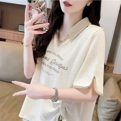 翻领polo衫短袖t恤女夏季韩版宽松大码女装撞色不规则开叉上衣服图片