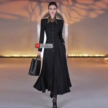 VJE秋季欧美风百褶长款风衣女装新款时髦修身显瘦过膝外套商品大图