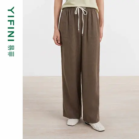 [专柜同款]Yifini/易菲棉麻混纺抽绳竖条纹休闲阔腿裤女百搭通勤商品大图