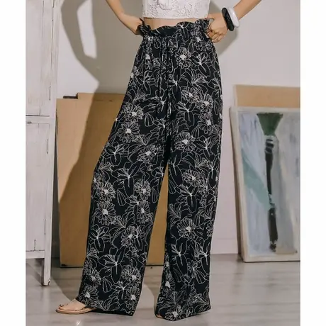 弥古波西米亚黑色冰丝阔腿裤女夏薄款雪纺花苞裤长裤高腰垂感裤子商品大图