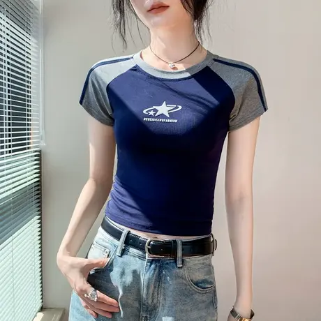 美式拼色设计感小众印花圆领插肩短袖T恤女修身显瘦短款别致上衣图片