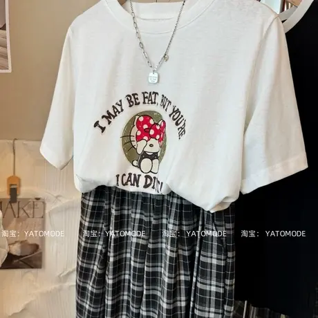 夏季2025新款韩版时尚百搭圆领可爱卡通图案宽松短袖T恤百搭上衣商品大图