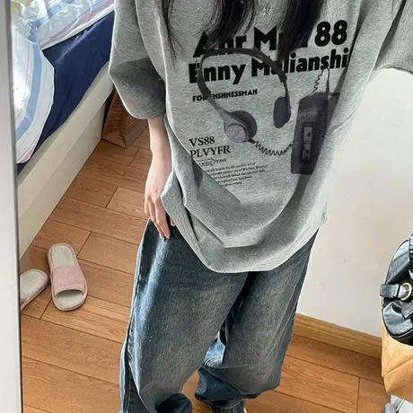 纯棉国潮美式oversize正肩灰色短袖t恤女大码2025夏chic胖mm上衣商品大图