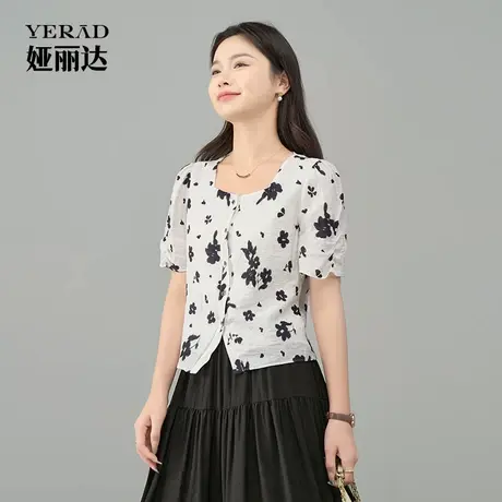 娅丽达法式方领碎花短袖衬衫女夏季新款女装宽松优雅气质白色衬衣图片