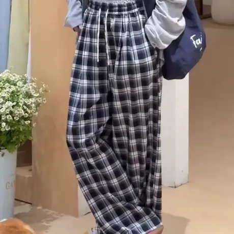 韩版格子直筒裤长裤女2025夏季新款宽松百搭显瘦松紧腰阔腿裤子潮商品大图