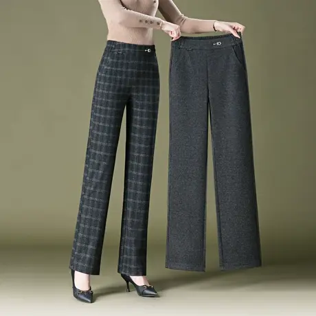格子阔腿裤女秋季垂感高腰休闲裤中老年直筒妈妈裤老年人宽松裤子商品大图