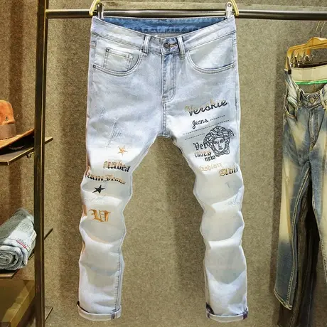 水洗猫须磨破牛仔裤男夏薄款修身小脚裤高端大牌刺绣浅色帅气裤子商品大图