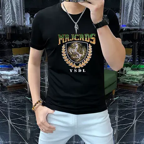 简欧男士短袖圆领t恤衫丝光棉男装半袖上衣重工刺绣亮片修身黑色商品大图