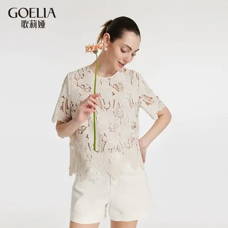 歌莉娅短袖上衣女装夏季新款设计感镂空蕾丝绣花小衫T恤1C4L3I490商品大图