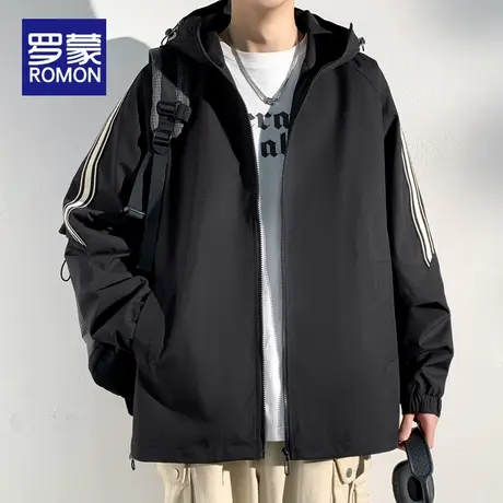 罗蒙连帽外套男春秋季2025新款潮牌男生宽松百搭冲锋上衣休闲夹克商品大图