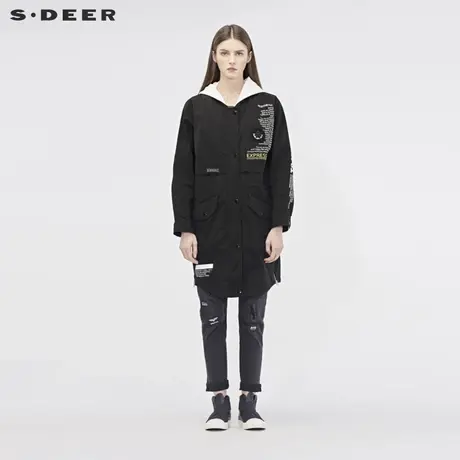 sdeer圣迪奥2019女宽松连帽撞色字母假两件拼接风衣外套S19181809图片