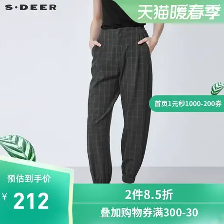 sdeer圣迪奥2021秋冬新品复古松紧拼接撞色格纹九分裤女S21460820图片
