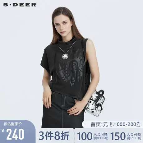 sdeer圣迪奥夏季休闲连帽印花不对称短袖T恤女S21280172图片