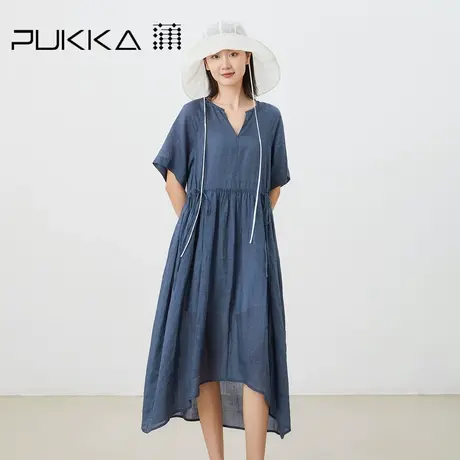 蒲PUKKA 原创设计女装夏季新品苎麻法式收腰显瘦短袖连衣裙图片