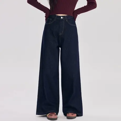 尔给初秋复古阔腿牛仔裤女原色百搭显瘦高腰直筒休闲宽松直筒裤子商品大图