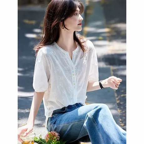 时尚气质短袖衬衫2025年夏季新款刺绣纯色百搭温柔淑女短袖上衣商品大图