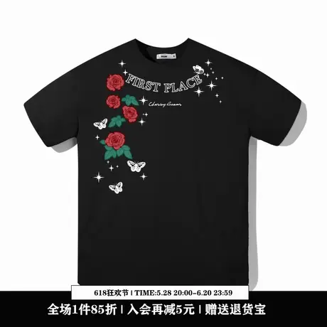 Ohlyah设计师原创卡通品牌黑色纯棉短袖男女领口玫瑰蝴蝶印花T恤图片