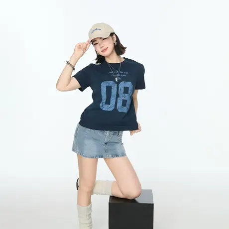 2025夏季新款潮牌短袖正肩T恤女圆领ins街头潮酷风修身半袖上衣图片
