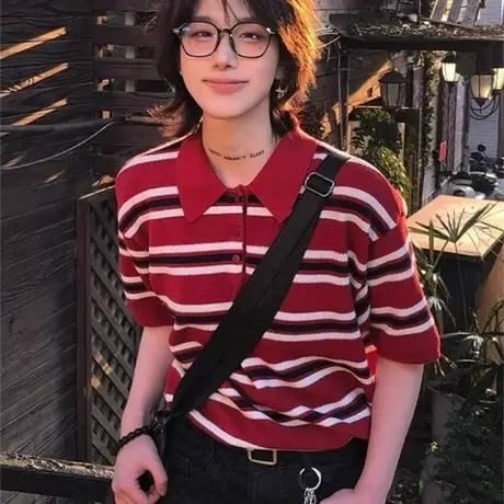 美式复古polo领条纹撞色针织衫正肩短袖t恤女夏季韩系设计感上衣图片