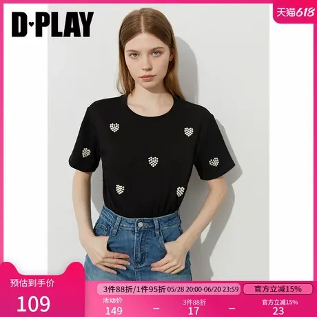 DPLAY2025年夏季新款黑色爱心珍珠短袖宽松t恤休闲气质百搭女上衣图片