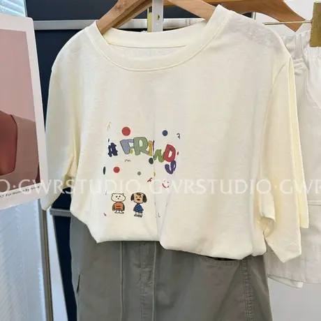 新款韩国小动物印花雪花棉正肩T恤女小清新感短袖上衣夏季体恤潮图片