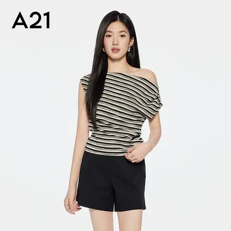 A21女装黑杏条纹一字领套头T恤韩版百搭修身薄上衣图片