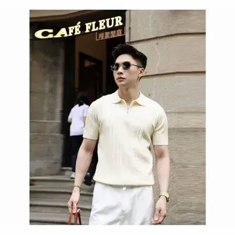 2025新款夏季潮牌半拉链短袖纯色时尚百搭休闲针织POLO衫T恤上衣商品大图