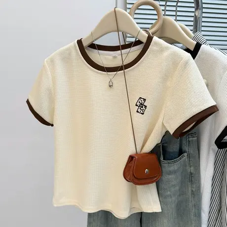 华夫格正肩刺绣短袖T恤女夏季2025新款修身韩版短款小个子上衣潮图片