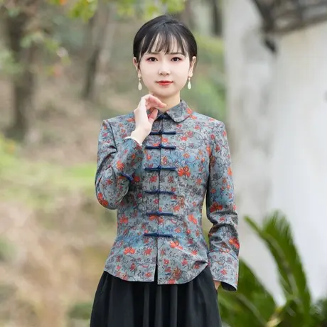 筠雅唐装上衣中国风女装新款改良中式女装盘扣茶艺师居士服23J140图片