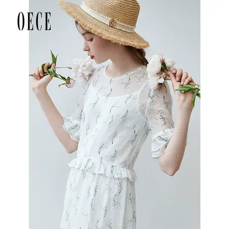 Oece夏装小清新圆领喇叭袖花边碎花雪纺连衣裙图片