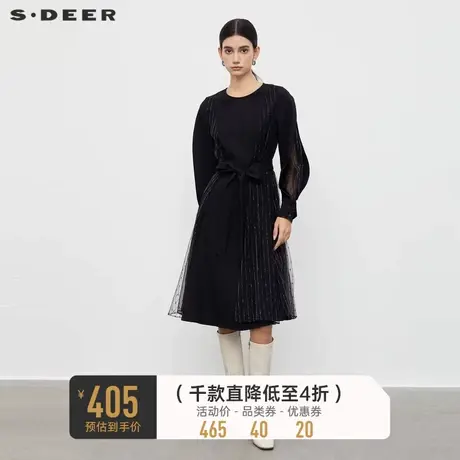 sdeer圣迪奥女装优雅圆领网纱收腰长袖连衣裙S233Z12C4🐤商品大图