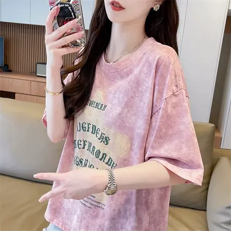 渐变色扎染纯棉短袖t恤女2024新款夏季韩版宽松大码女装半袖上衣商品大图