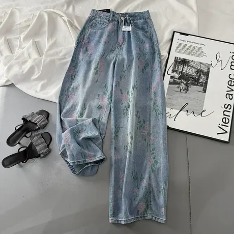 韩系减龄印花高腰牛仔裤女2025年夏季新款宽松显瘦窄版直筒长裤潮商品大图