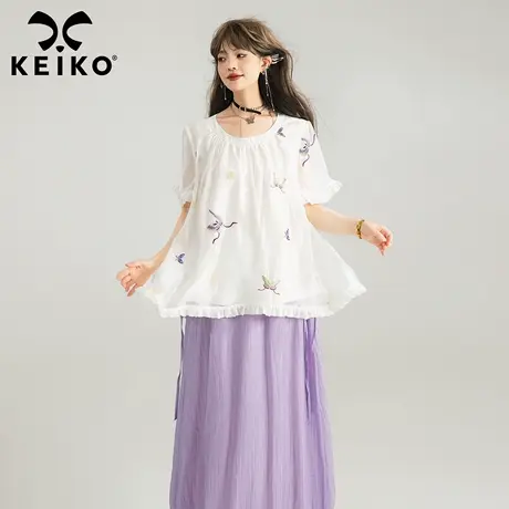 KEIKO [彩蝶刺绣] 高级感白色轻纱上衣夏季新中式独特漂亮娃娃衫商品大图
