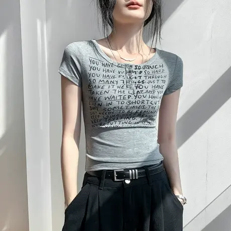 美式圆领纽扣设计短袖T恤女2025春夏新款莱赛尔冰丝修身印花上衣商品大图