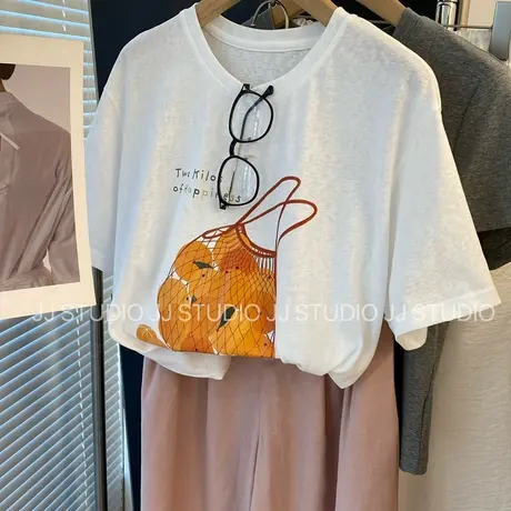 一兜橘子！韩国东大门气质凉感雪花棉透气薄款卡通短袖T恤女夏季图片